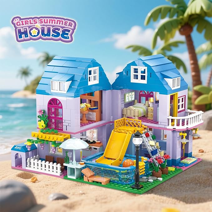 3 in 1 Girls Summer Villa Friends Building Set Compatible with Lego Friends with Swimming Pool Slide &amp Pet Home- Creative Modular House Playset for Kids Aged 6+