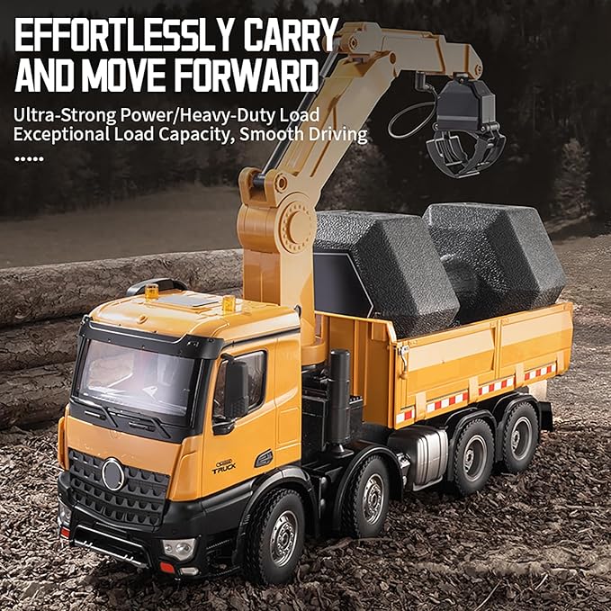 20-Inch 3 in 1 Remote Control Dump Truck Wood Grabber 26-Channels 1/14 Scale 6.6LBS Load Capacity RC Heavy Duty Metal Construction Vehicles Toy for 14y+ Beginners (8 Wheels)
