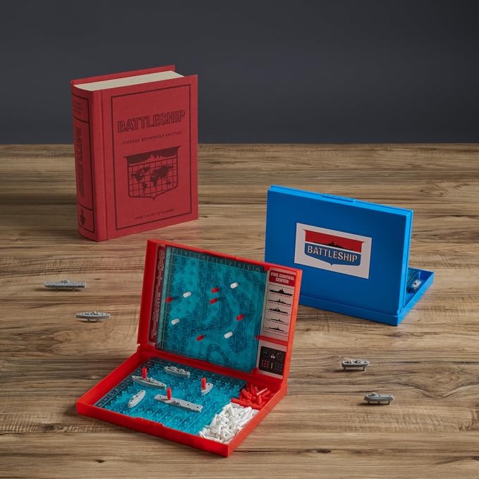 WS Game Company Battleship Vintage Bookshelf Edition Naval War Game Fabric-Wrapped Book Box Folding Battle Cases Vintage Display Board Games for 2 Players Ages 7+