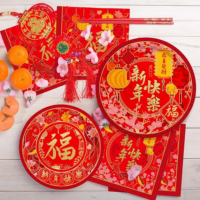 Chinese New Year Party Supplies Kit : Happy New Year Design Decorations Set with Disposable Plates Napkins Cups Tablecloth and Festive Banner - for Lunar New Year Celebrations Serves 25.