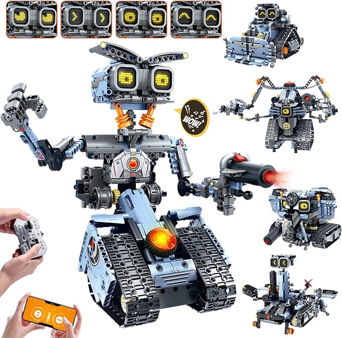 Changeable LED Eyes Robot Building Set- 5 in 1 Remote &amp App-Controlled Robotic Building Block RC Elephant/Bulldozer/Tank/Tracked Model Kit Toys Gift for Kids Boys Girls Teens Age 12+ Years Old
