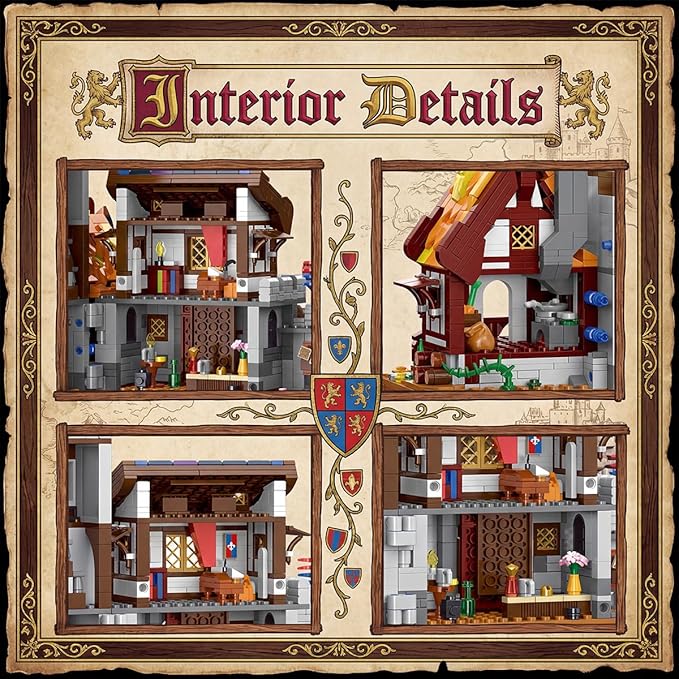 3 in 1 Medieval Cabin Knight Castle Town Square Center Building Set 3 Storytelling Viking Village Sets for Adult House Collection Toy Creative Present for Enthusiasts 1760PCS