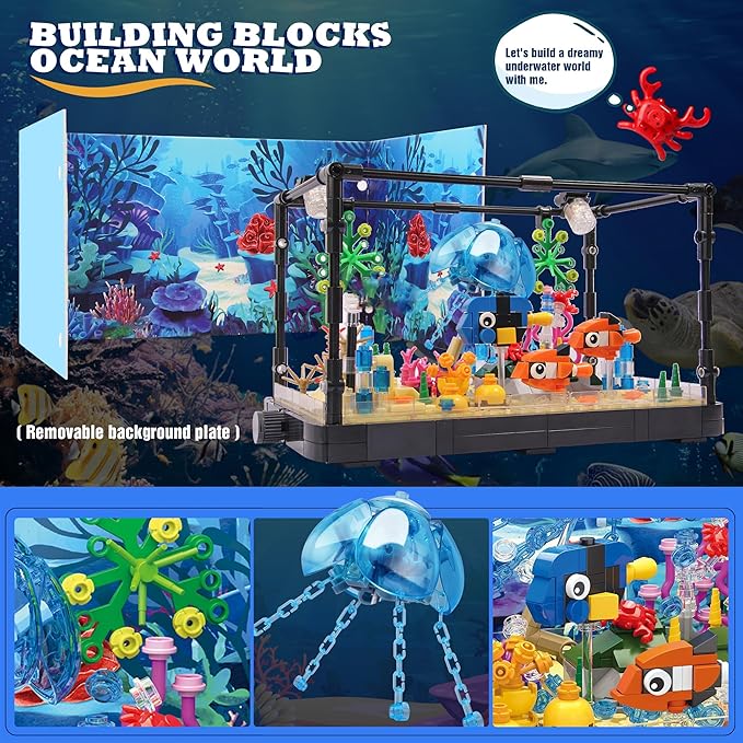 Jorumo Fish Tank Building Block Lighting Aquarium Building Sets for Adults and Kids Including Ocean Jellyfish Dolphin Turtle Crab Animal Building Toys for Boys Age 12+ 725pcs