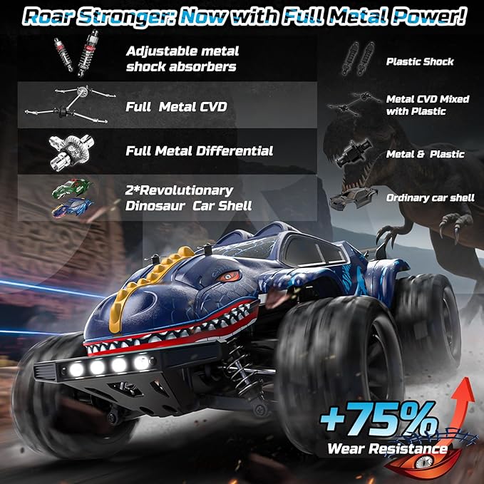 DEERC 9308E 1:16 Fast RC Cars for Boys Age 8-12 RC Monster Truck 40 KPHAll Terrain 4WD High Speed Dinosaur Truck 2 Car Shell2.4Ghz Off-Road Remote Control Cars with 2 Batteries Toy Gift for Kids