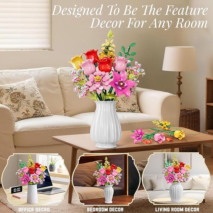 Flowers Bouquet Building Set Pink Roses Flores Set for Adults 765 PCS Botanical Collection Building Block Toy Home Decor Gifts for Valentine's Day Birthday Artificial Flowers for Women Kids 6+