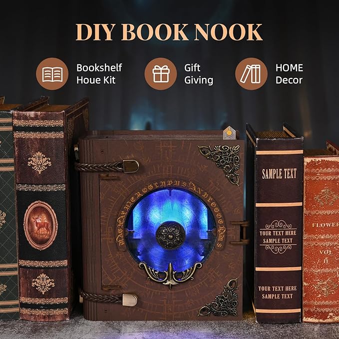 Book Nook Kit with LED Light Miniature House Kit for Birthday 3D Wooden Bookends Puzzle Bookshelf Decor for Adults Teens Beginners (Circle of Magic)