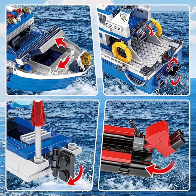 Police Boat Building Set 480 Pcs City Boat STEM Building Toy Including Kayaks and Police Speedboats Toy Christmas Birthday Gift for Kids Boys Girls 6 7 8 9 10+