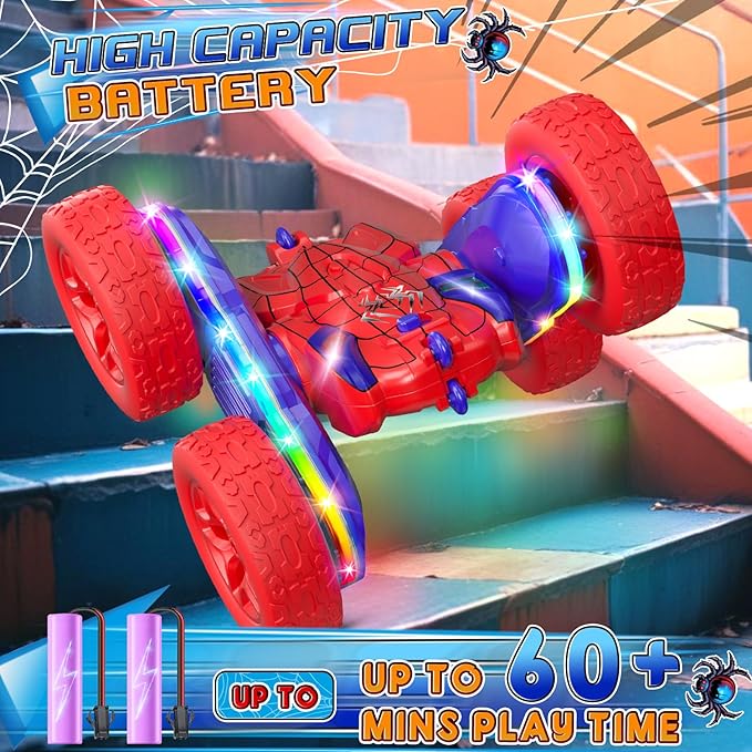 Spider RC Cars Toys for Boys 4-6 2.4GHz Remote Control Car with 26 LED Light System 360° Flips Changeable Wheels Rechargeable All-Terrain Truck Gift for Kids Ages 4-8