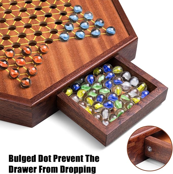 VAMSLOVE Large 17 Chinese Checkers Board Game for 2-6 Player Wooden Game Board 16mm 60+12 Colorful Glass Marbles Easy Grasping for Adults and Kids w/Storage Drawer Fun for Family Gathering