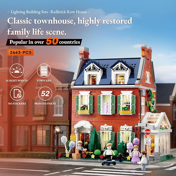 Redbrick Row House Lighting Building Bricks Set - City Town LED Light Modular Construction Model Collection Display Kit with Minifigures 2663 Pcs for Adults &amp Teens