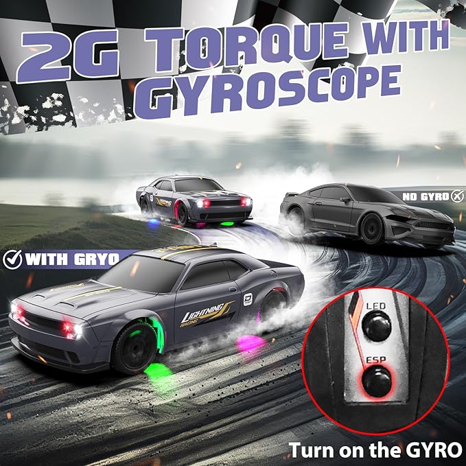 1/43 RC Drift Car Mini Drifting RC Car with Gyro 2.4GHz Full Proportional Drift Cars 4WD RTR Remote Control Cars with Colorful Lights High Speed Fast Racing Vehicle Gift for Kids Boys Adults