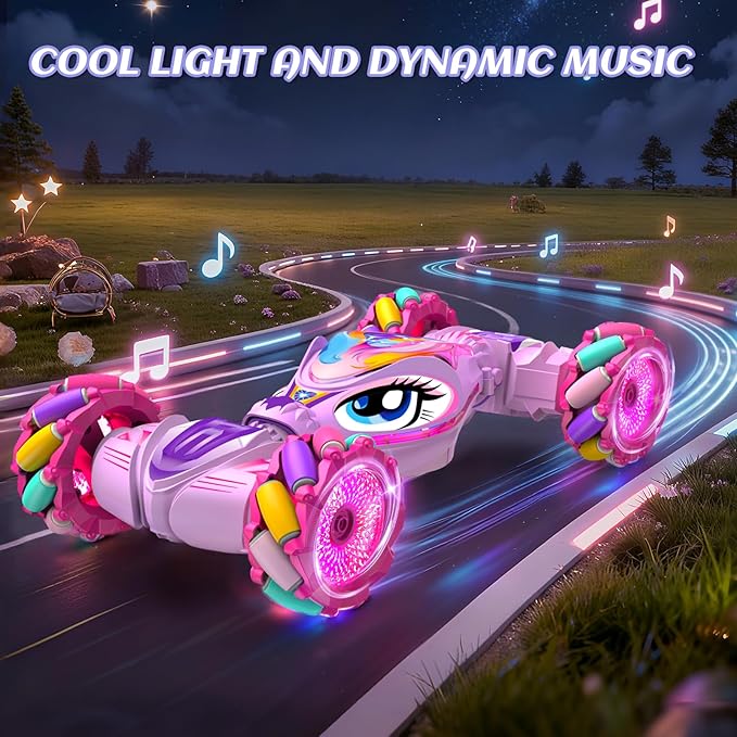 Unicorn Remote Control Car for Girls Age 6-8-12 Pink RC Gesture Sensing Stunt Cars 2.4Ghz 4WD RC Cars Hand Controlled Remote Control Twist Car with Light &amp Music Gift for Kids Age 6 7 8 9 10 11