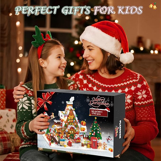 2025 Christmas Gingerbread House Courtyard Mini Building Set with Lights Christmas Village Building Block Toy with Santa Xmas Tree Holiday Train Gift for Adults Boys Girls 14+ (1763PCS)