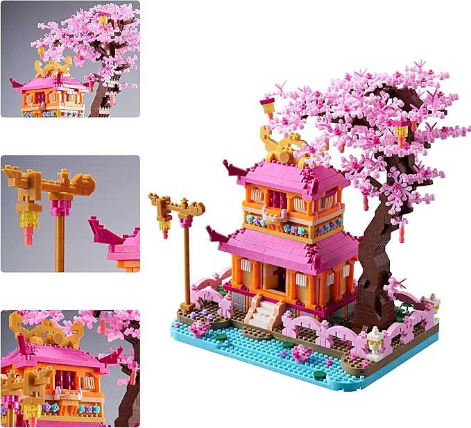 Cherry Blossom Tree House Micro Building Blocks Set Enjoy Flower Pavilion 1810pcs Exquisite Architecture Model Kit for Women (Adults Age of 14+)