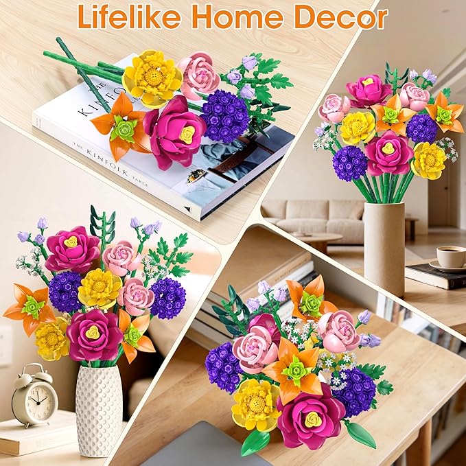 zinat Flower Building Blocks Set 933PCS Aesthetic Botanical Construction Kit DIY Artificial Flower Decor Home Desk Decor Elegant Home Display for Women and Girls Ages 8+