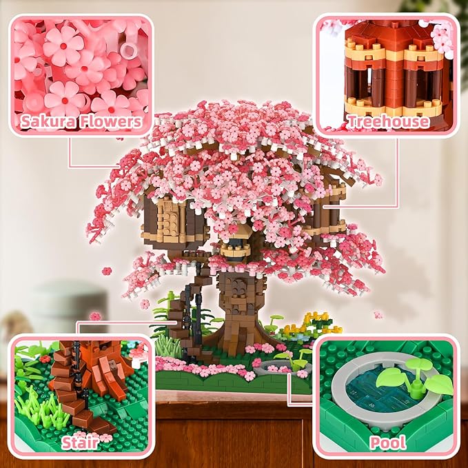 Cherry Blossom Bonsai Tree Mini Micro Building Set Japanese Sakura Tree House Model Sets for Adults Flowers House Mini Bricks Building Kit Creative Gift Toys for Teens 14 (2028PCS)