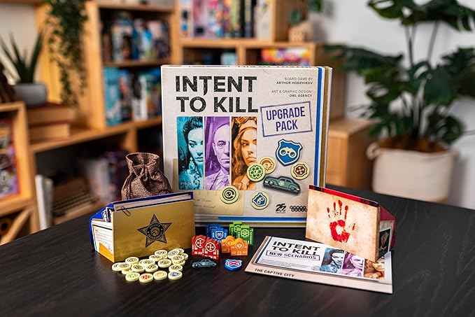 Intent to Kill Deluxe Upgrade by 25th Century Games | Ages 14+ | 2-4 Players | Two New Scenarios | Wooden Upgrade Components | an Evidence Token Bag and Player Screens