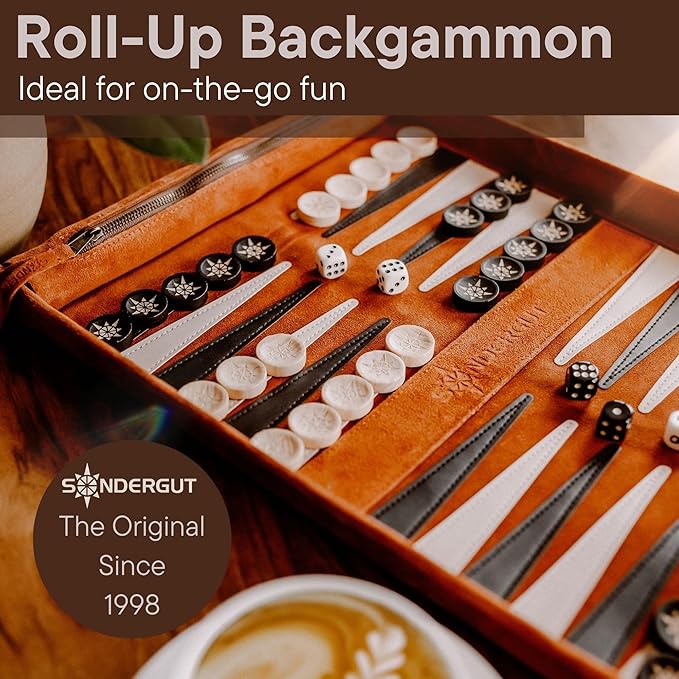 Sondergut Roll-up Portable Suede Deluxe Backgammon Game Set- Elegant Design Engraved Wood Stones Pop-Up Playing Field - Ideal for RV Travel Cruise Airplane Camping Backpacking Road Trips Etc.