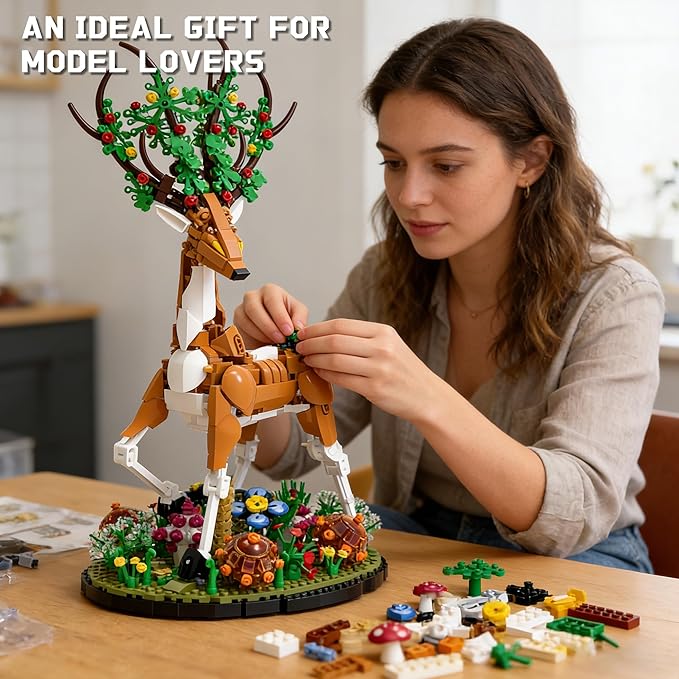 Elk Building Set with Flowers for Adults Compatible with Lego Animal Deer Botanical Collection Model for Home Office Art Decor -1220PCS