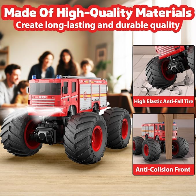 1/18 Remote Control Fire Truck Toy for Kids 2.4GHz RC Monster Truck Toy with LED Lights &amp Sound Rechargeable Electric Vehicle Gift for Boys Girls