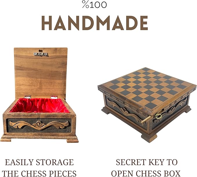 Wooden Chess Set with Storage – Handcrafted Chess Board and British Figure Metal Chess Pieces – Decorative Chess Game for Adults &amp Kids – Premium Gift for Family &amp Friends (Gold Chess Pieces)