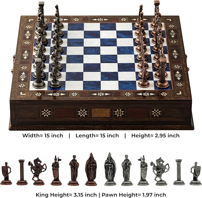 15” Handmade Wooden Storage Chess Set – Handmade Wooden Chess Board with Metal Pieces – Luxury Chess Gift for Adults Decorative &amp Collectible (Blue)