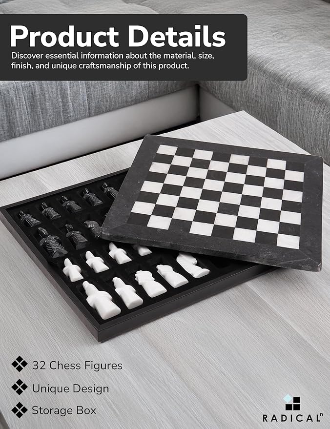 Radicaln Marble Antique Chess Set with Storage Box 15 Inches Black and White Handmade Board Game 2 Player Classic Chess Sets for Adults Board &amp 32 Chess Pieces