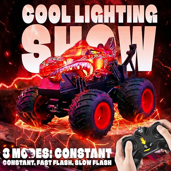 BEZGAR Monster Truck Toys - Remote Control Monster Truck with Light &amp Music Dinosaur Toys for Kids 1:20 Scale RC Truck with 360° Spins and Drifting Remote Control Car for Boys 4-7 Red