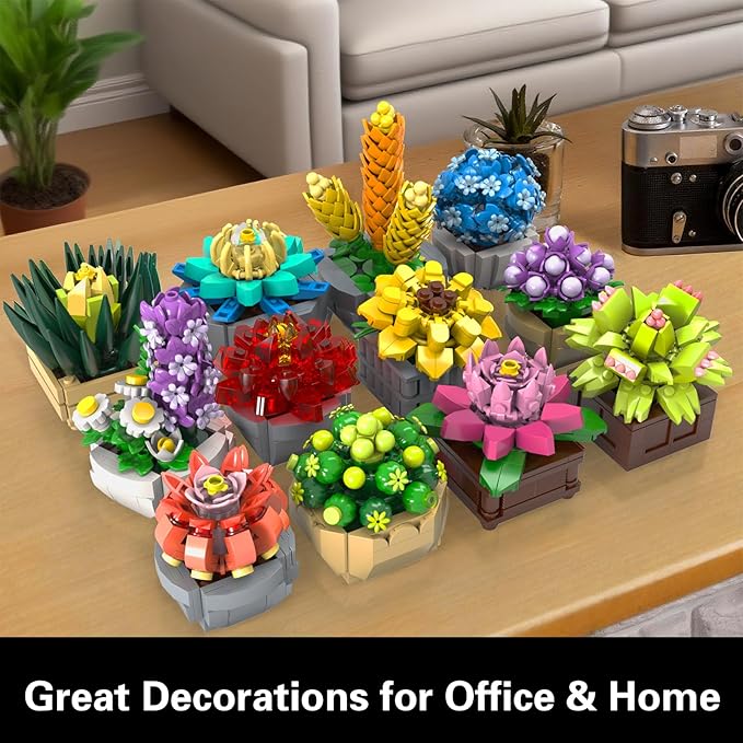 Flowers Succulents Building Sets 12 Tiny Plants Office Home Decor Botanical Collection Building Block Toy Creative Birthday Housewarming Gifts Artificial Plant Kit for Kids Adults Women (1174 PCS)