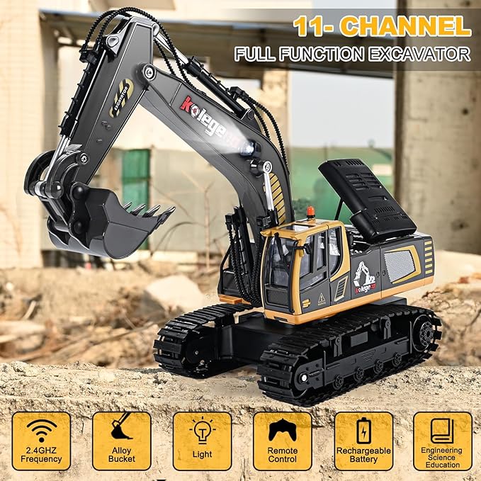 kolegend Remote Control Excavator Toy 16 Inch 9 Channel RC Construction Vehicles Hydraulic Haulers Digger Toys Gift for 6 7 8 9 10 Years Old Kids Boys