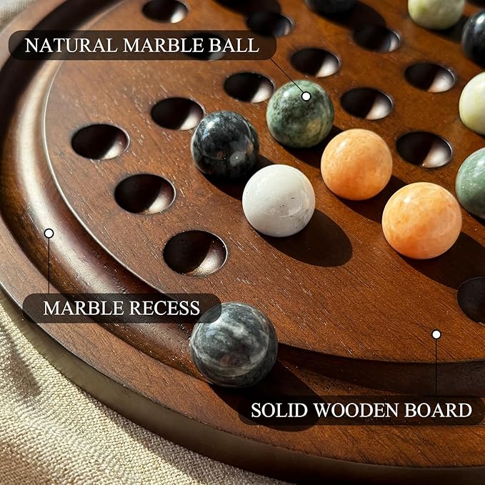 Solitaire Game12.7-Inch inches Solid Wooden Board with 33 Natural Marble Balls Deluxe Solitaire Game Set Single-Player Strategy Board Game and Smart Games
