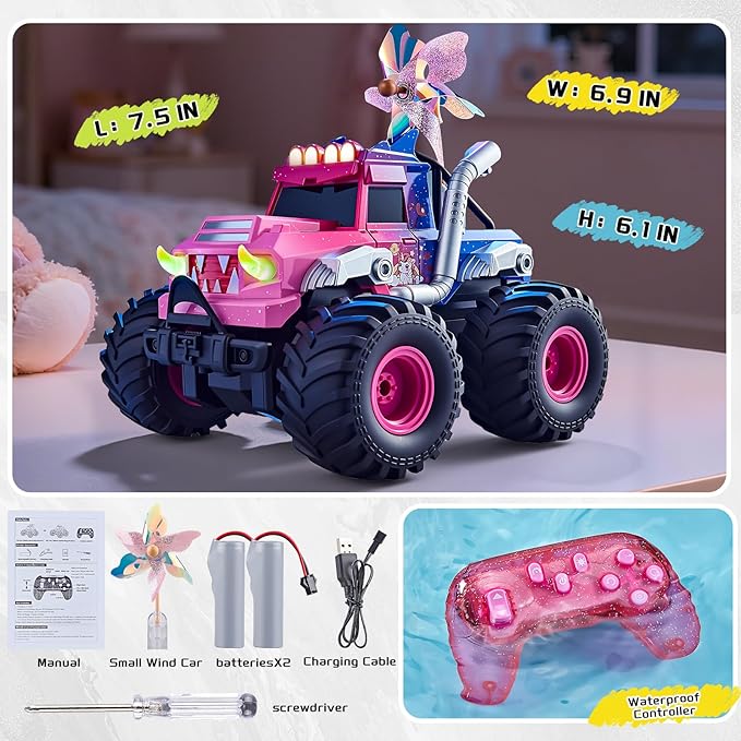 Remote Control Car for Girls Waterproof Pink Monster Truck Toys W/Blocks &amp 360°Spin 1:18 Amphibious RC Cars 4WD All-Terrain Off-Road RC Trucks Birthday Gifts Pool Toys for Kids Age 3-12
