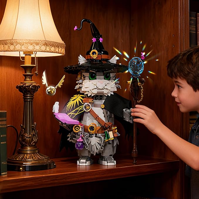 Magic School Wizard Cat Building Set 1458 Pieces Sorcerer Kitten Model Kit with Magic Staff Flying Golden Ball &amp Owl Fantasy Animal Construction Toy Witchy Home Decor Gift for Adults &amp Teens