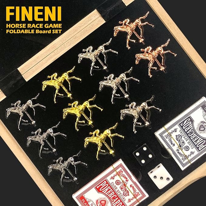 Horse Racing Game for Adults Foldable Horse Race Board Game with 11 Luxurious Metal Horses (Gold Silver Black Bronze) 24” Wood Horse Race Game Board Big Dice 2Card &amp Bag (Log1)