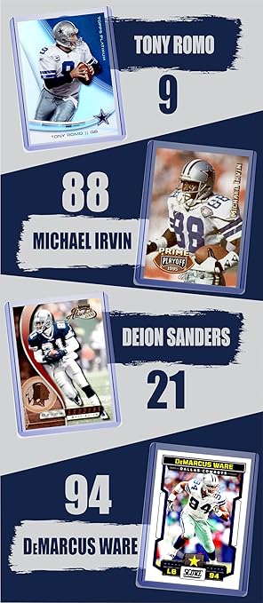 Dallas Cowboys Legends Cards: Roger Staubach Troy Aikman Emmitt Smith Tony Dorsett Tony Romo Michael Irvin Deion Sanders DeMarcus Ware Bob Lilly Randy White Charles Haley and Jason Witten (
