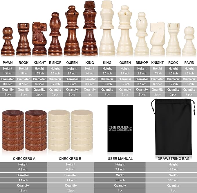 2 in 1 Wooden Chess and Checkers Set - Folding Magnetic Chess Board with Storage Slots Chess Pieces Portable Travel Chess Set for Adults &amp Kids Includes Carry Bag