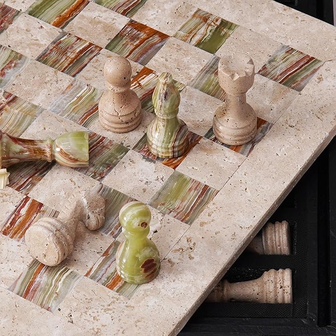 Marble Chess Set 15 Inch Handmade Travertine &amp Green Luxury Board Games for Adults Elegant Table top Board Game Travel Chess Pieces &amp Storage Box for Gifts &amp Home Decor