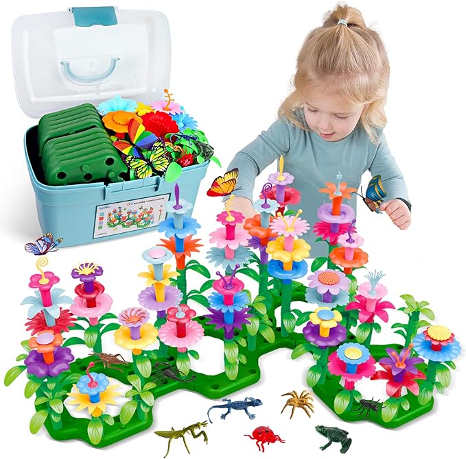 Birthday Toys Gifts for 2 3 4 5 6 Years Old Toddler Girls Boys 156 PCS Insect Flower Garden Building Educational STEM Pretend Play Gardening SetEaster Basket Stuffers Gifts for Preschool Kids Age 2+