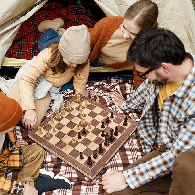 ASNEY Upgraded Magnetic Chess Set 15 Tournament Staunton Wooden Chess Board Game Set with Magnets Crafted Chesspiece ans Storage Slots for Kids Adult Includes Extra Queens