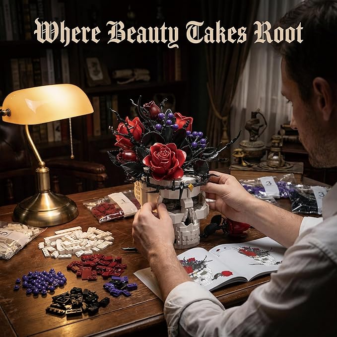 Gothic Skull Roses Flower Building Set for Adults Horror Botanical Skeleton Pot Home Table Decor Cool Unique Collectible Halloween &amp Valentine's Day Gifts with Box (1376 PCS)