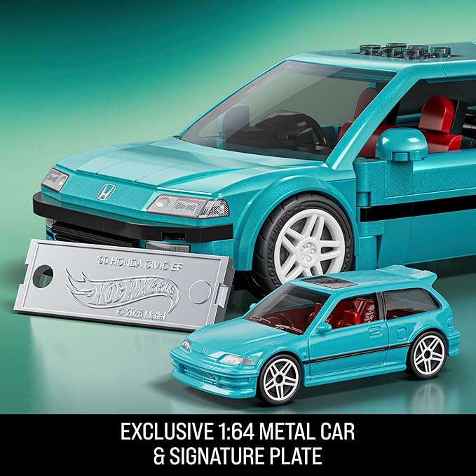 Mattel Brick Shop Hot Wheels 1990 Honda Civic EF Speed Series Custom Building Set with 248 Pieces Realistic Details and Customization Stickers JHF62