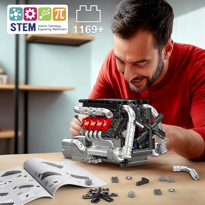 Mould King 10203 V8 Engine Building Blocks Sets V8 Engine Model kit That Run Build Your Own STEM Model Kit Physical Science Experiment Model Best STEM Toy Gifts for 14+/Adult(1169+PCS)