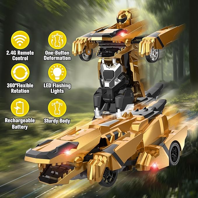 Dinosaur Transform Rc Cars 2.4Ghz Remote Control Car Transforming Robot with Flashing Light 360° Rotation One Button Deformation Car Toy Gifts for Boys Age 4-7 8-12