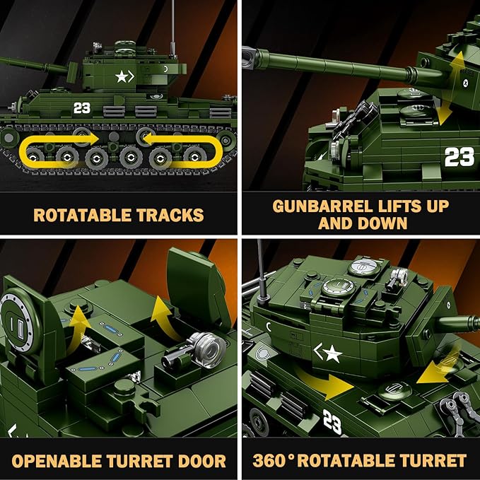 Reobrix M4A3E8 Sherman Tank Building SetWW2 Military American Armed Tanks Building Block Set for Military FansWorld of Tanks Authorized Products 77030Ideal Gift for Adults Boys Age 14+836 PCS