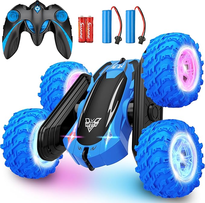 KKONES Remote Control Car 2.4GHz Double Sided 360° Flips Rotating Electric Race RC Stunt Car LED Wheel &amp Headlight High Speed Off Road Cars Toy Gift for 3 4 5 6 7 8-12 Year Old Boy Toys (Blue)