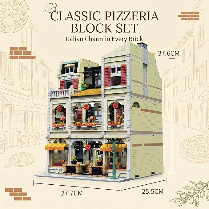 Pizza Shop Street View Building Blocks Set5588Pieces 3-Story Retro European Architecture Model with Detail Interior Scenes Collectible Modular Building Blocks for Adults &amp Teens 14+