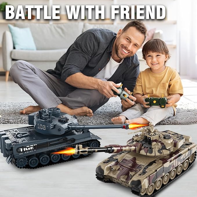 RC Tank Set1/24 RC Battle Tank Set Toy Tanks with Life Indicators and Spray2.4G Remote Control with Realistic Sounds and LightsRC Army Toys for Boys Age 6+ Year Old Gifts for Kids and Adults