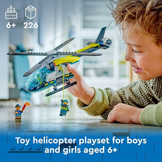 LEGO City Emergency Rescue Helicopter Toy Aircraft Playset for Kids Fun Gift for Boys and Girls Aged 6 Plus Hiker Rescuer and Pilot Minifigures Chopper with Winch and Spinnable Rotors 60405