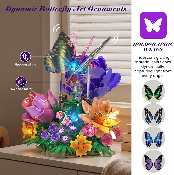 Butterfly Building Sets with Moving Wings &amp LED Lights Botanical Flowers Collection Building Blocks for Adults Butterfly Gifts Model Building Kits for Mom Girlfriend Wife on Birthday Valentine's