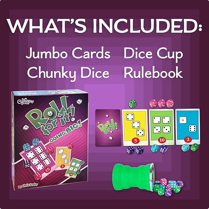 Calliope Games Roll for It Going Big - Fast-Playing Family Dice Game with Big Oversized Cards and Dice Retirement Party Games Fun Family Games for Travel Parties and Game Night - Purple Edition